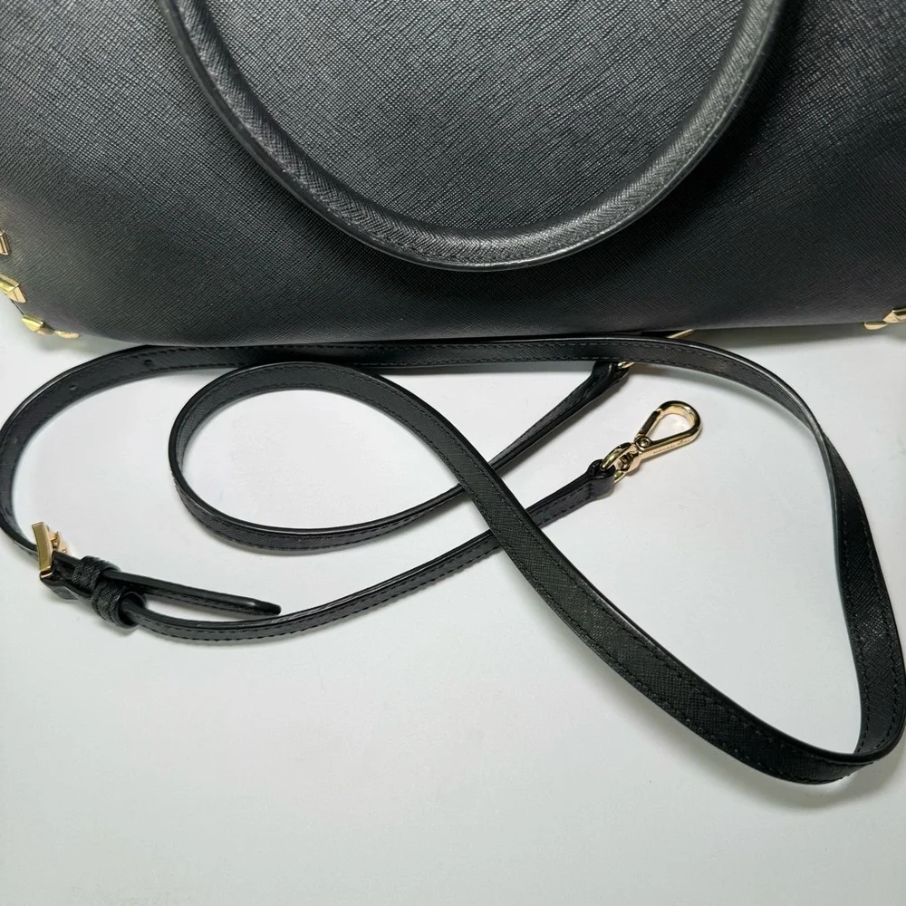 Michael Kors Sandrine Studded Satchel in Black Saffiano Leather w/ Gold Hardware